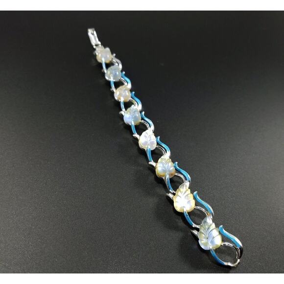 Vintage STAR Blue Lucite Leaves Bracelet 1960s Rhodium Plate Small - Picture 5 of 9